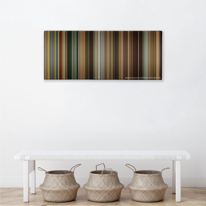 The Dictator color palette canvas above a white bench with three woven baskets