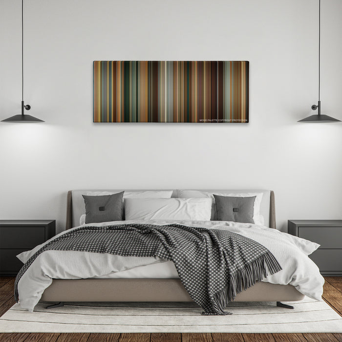 The Dictator color palette canvas above a bed, between two black pendant lamps