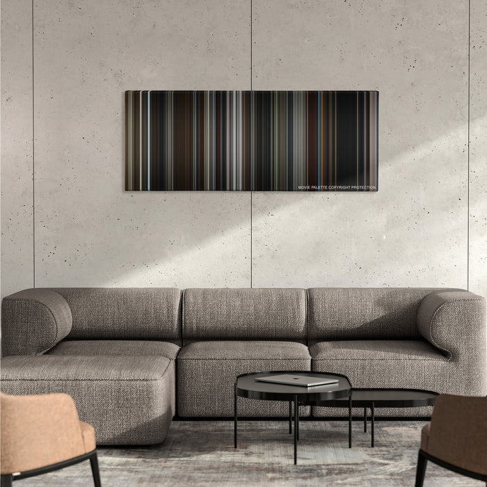 The Equalizer color palette canvas on a concrete wall above a gray sectional sofa