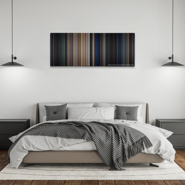 The Expendables color palette canvas above a bed, between two black pendant lamps
