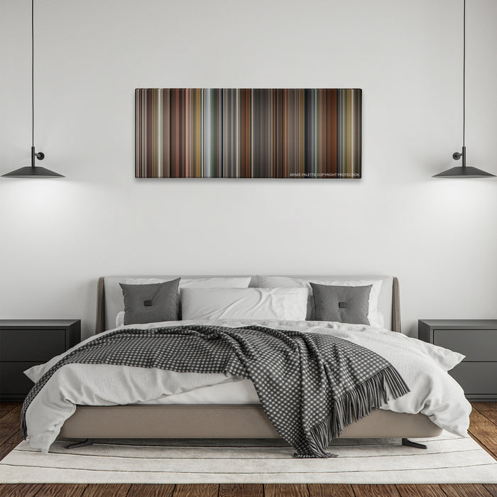 The Fault in Our Stars color palette canvas above a bed, between two black pendant lamps