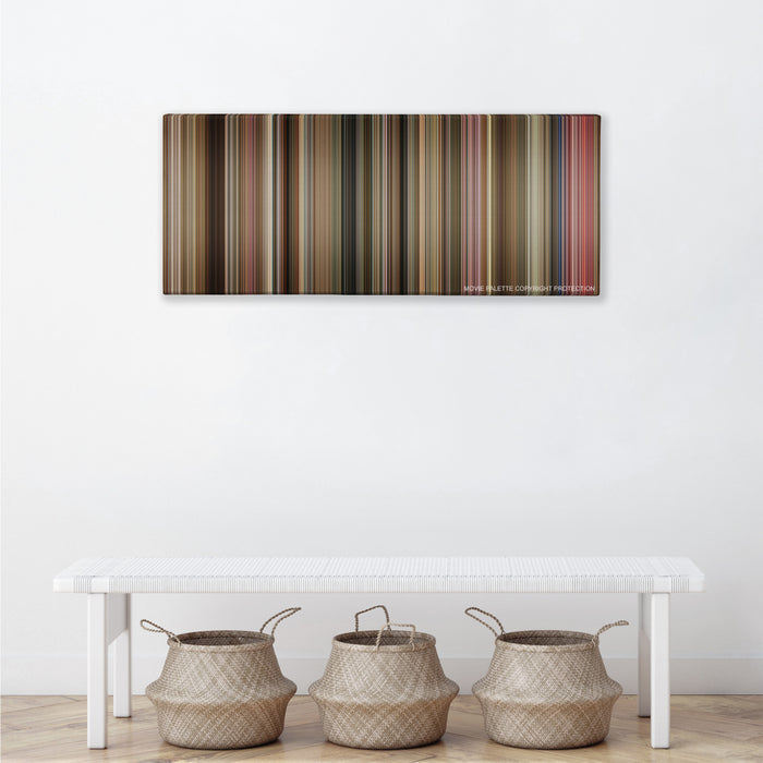 The Fighter color palette canvas above a white bench with three woven baskets