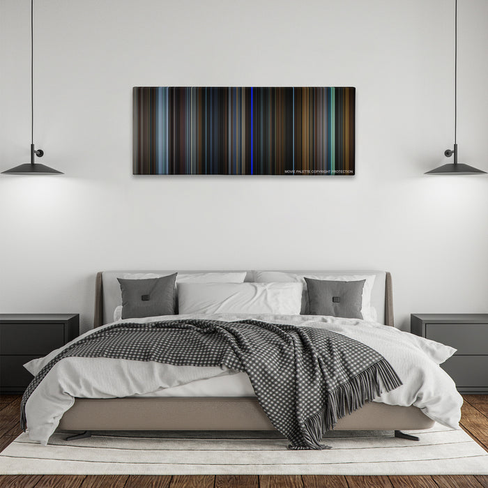 The Game color palette canvas above a bed, between two black pendant lamps