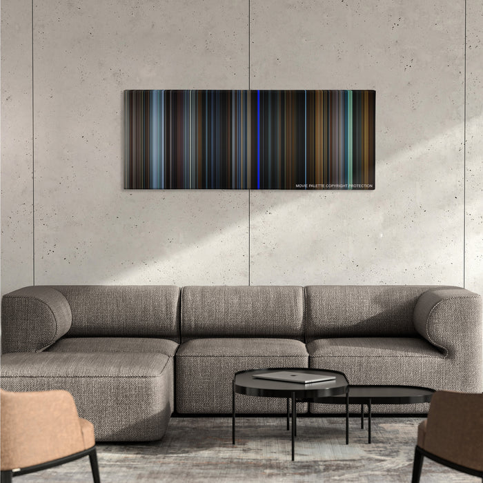The Game color palette canvas on a concrete wall above a gray sectional sofa