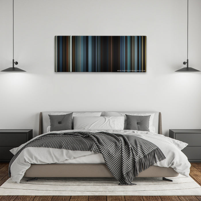 The Hunger Games: Mockingjay - Part 2 color palette canvas above a bed, between two black pendant lamps
