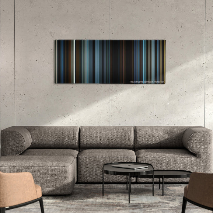 The Hunger Games: Mockingjay - Part 2 color palette canvas on a concrete wall above a gray sectional sofa