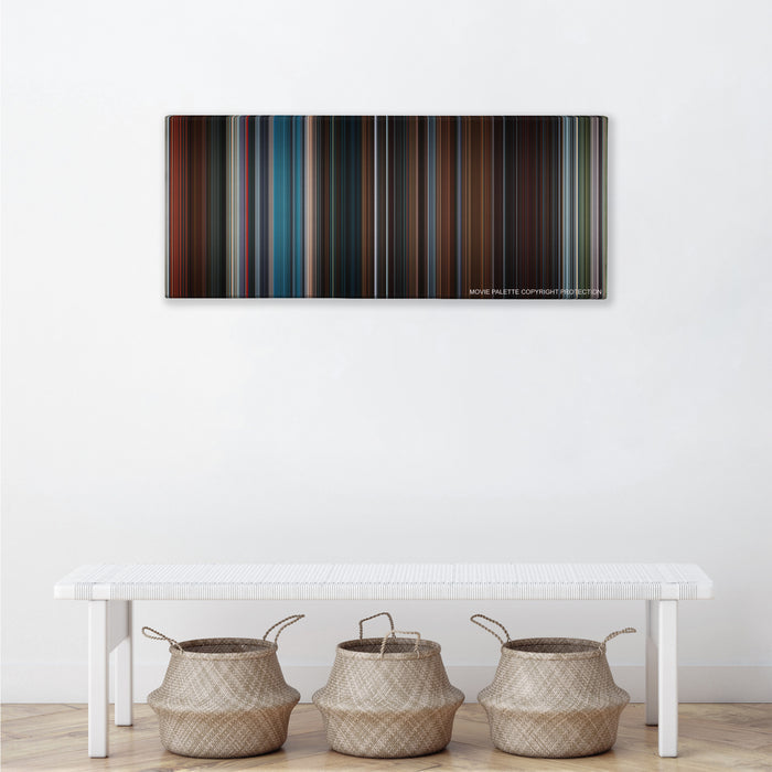 The Interview color palette canvas above a white bench with three woven baskets