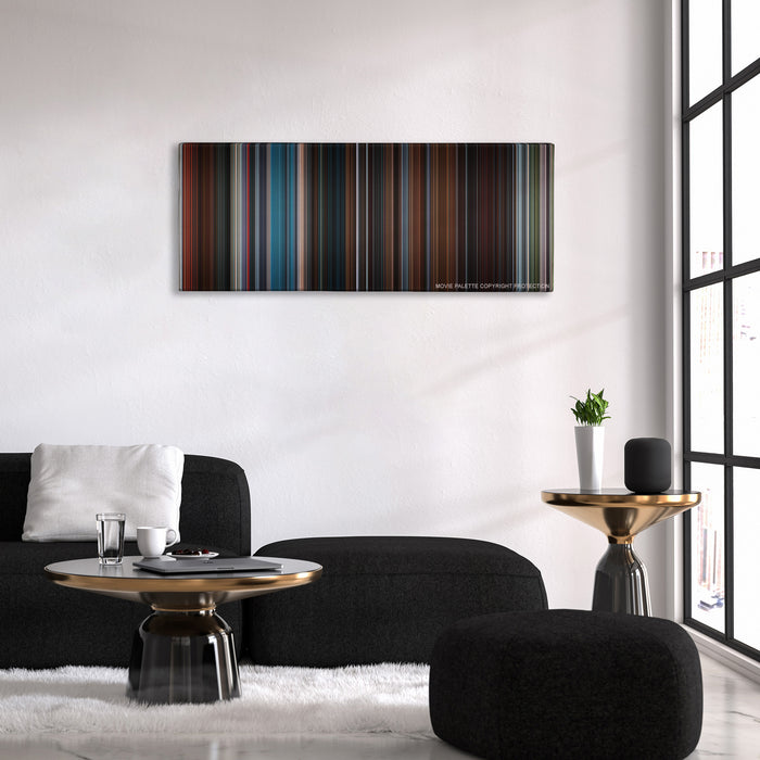 The Interview color palette canvas above a black sofa with a gold-topped table