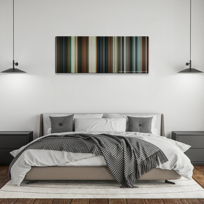 The Man from U.N.C.L.E. color palette canvas above a bed, between two black pendant lamps