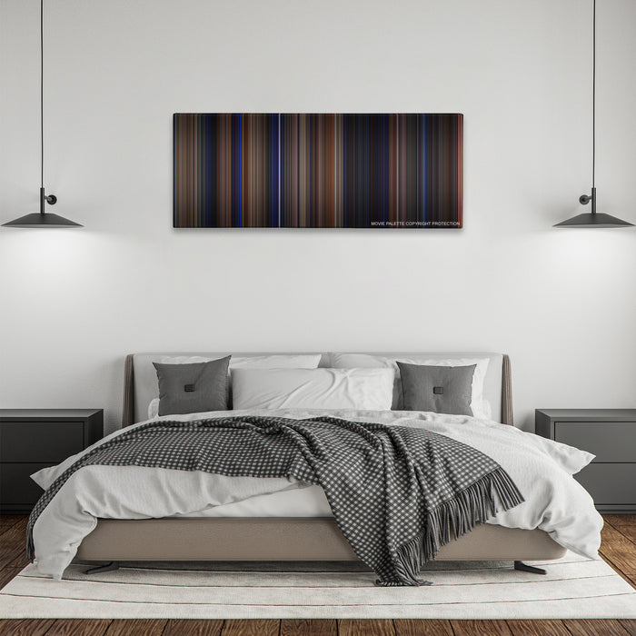 The Mask color palette canvas above a bed, between two black pendant lamps