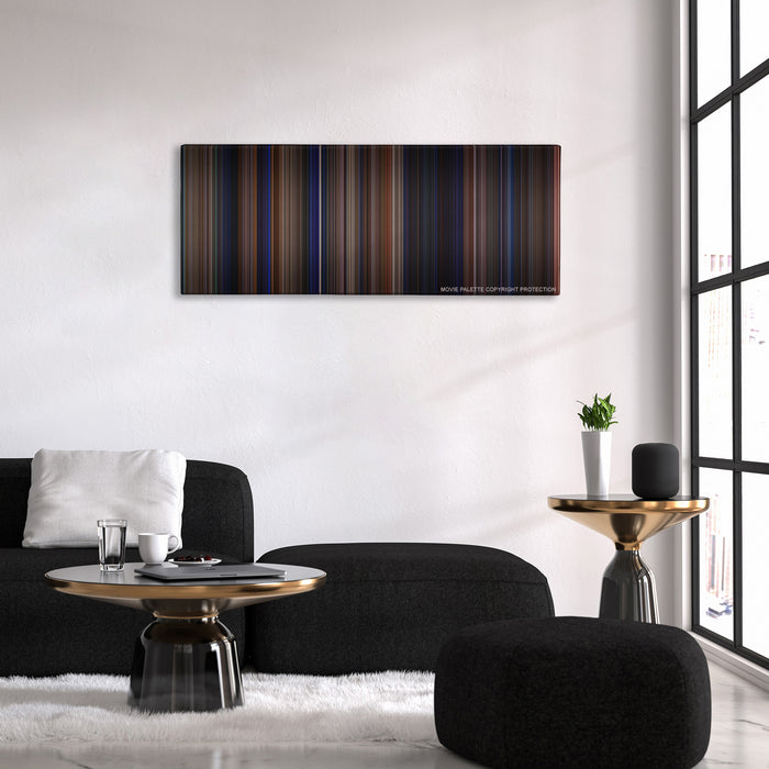 The Mask color palette canvas above a black sofa with a gold-topped table