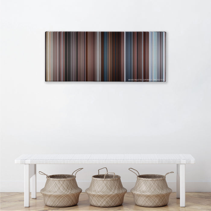 The Mist color palette canvas above a white bench with three woven baskets