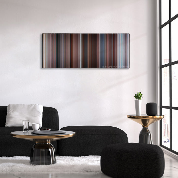 The Mist color palette canvas above a black sofa with a gold-topped table