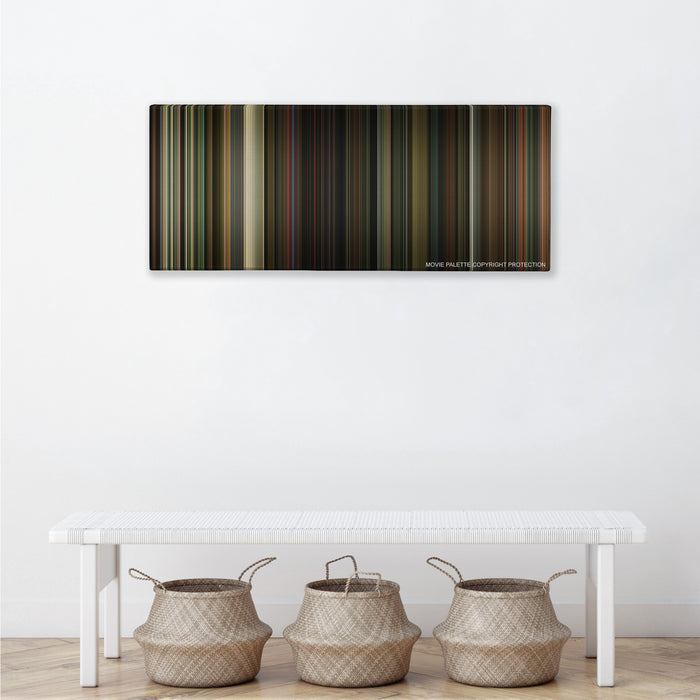 The Nice Guys color palette canvas above a white bench with three woven baskets