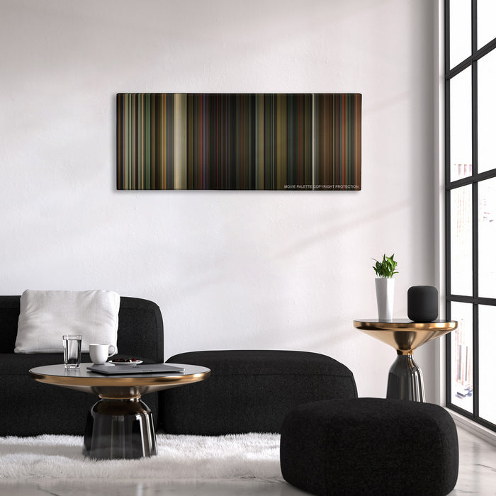The Nice Guys color palette canvas above a black sofa with a gold-topped table