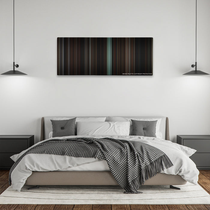 The Others color palette canvas above a bed, between two black pendant lamps