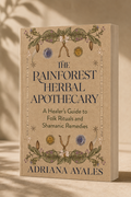 The Rainforest Herbal Apothecary book by Adriana Ayales, featuring a beige cover with botanical illustrations and dark blue text, set against a warm beige background with soft leaf shadows.