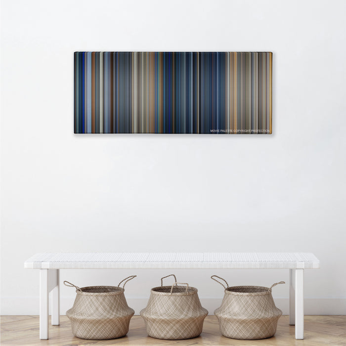 The Rock color palette canvas above a white bench with three woven baskets