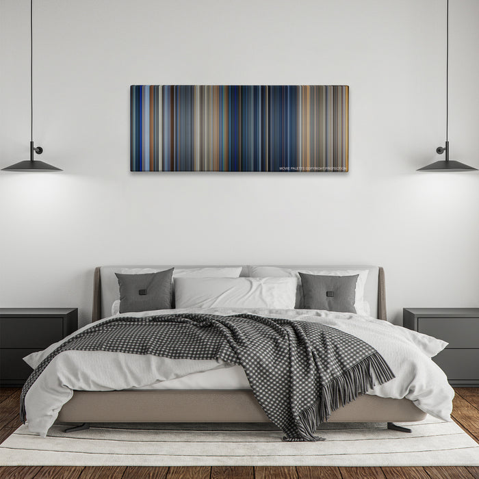 The Rock color palette canvas above a bed, between two black pendant lamps