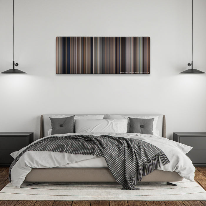 The Untouchables color palette canvas above a bed, between two black pendant lamps