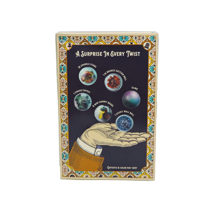 The Tiny Toys Teeny Tiny Treasure Trove by Tiny Toys is a decorative box styled like a mini gashapon machine, featuring an illustrated hand and five collectible capsules: Invisible Stars, Twinkle Puffy, Jumbo Gummy Bear, Groovy Keychain, and Slime.