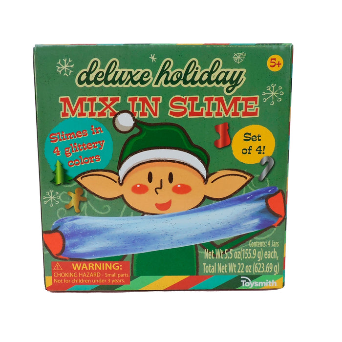 Toysmith Deluxe Holiday Mix-In Slime is a festive gift featuring a cartoon elf with blue slime on the box. It includes 4 glittery colors in 4 jars, perfect for sensory play and kids ages 5+. Brand: Toysmith.