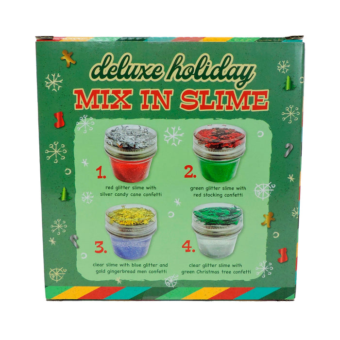 The Toysmith Deluxe Holiday Mix-In Slime includes four jars: red with candy cane and stocking confetti, clear with blue and gold gingerbread men, and clear with green Christmas tree confetti for festive sensory play.