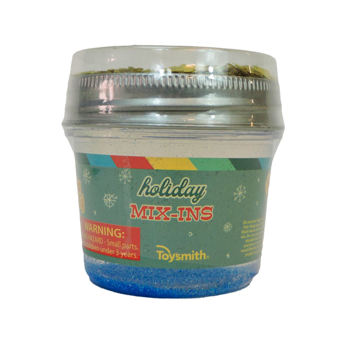 The Toysmith Deluxe Holiday Mix-In Slime features a festive green snowflake label, visible blue slime, and a small parts warning—ideal for sensory play or as a unique Christmas slime gift.
