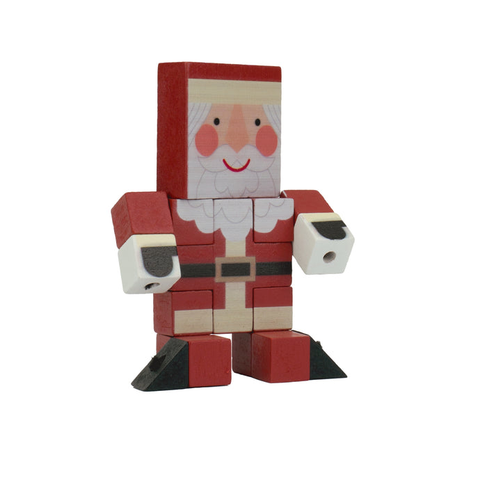 The Toysmith Holiday Wood Fidget, a blocky wooden Santa Claus with a red suit, white beard, and black boots, stands upright against a white background—ideal as a holiday fidget puzzle or educational stocking stuffer.
