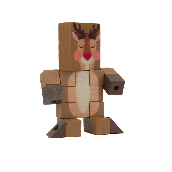 The Toysmith Holiday Wood Fidget is a wooden reindeer figure with painted antlers, red nose, and blushing cheeks—ideal as an educational toy or unique stocking stuffer—shown upright on a white background.