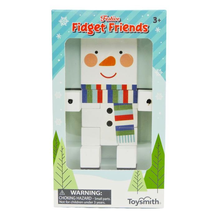 The Toysmith Festive Fidget Friends features a blocky snowman with a striped scarf, orange nose, black buttons, and a cheerful face—perfect stocking stuffer for ages 3+. Box includes choking hazard warning. Brand: Toysmith.