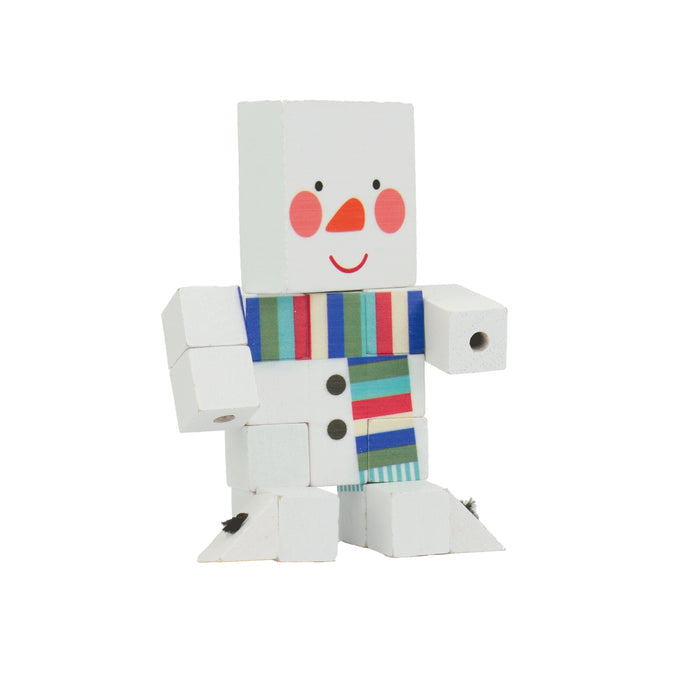 The Toysmith Holiday Wood Fidget is a white block snowman with a painted smile, red cheeks, striped scarf, and black buttons—ideal as a stocking stuffer or educational toy—shown against a plain white background.