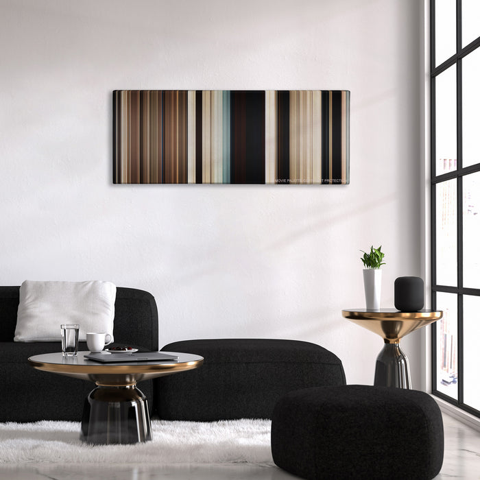 True Grit color palette canvas above a black sofa with a gold-topped table