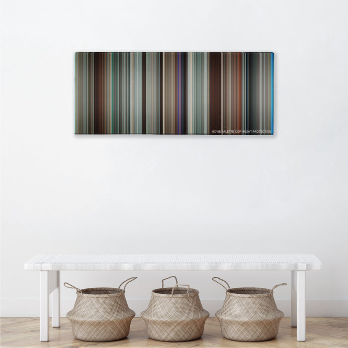 Up in the Air color palette canvas above a white bench with three woven baskets