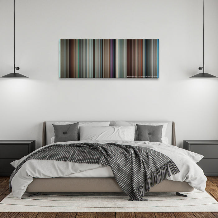 Up in the Air color palette canvas above a bed, between two black pendant lamps