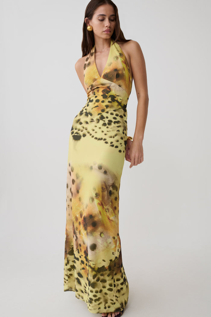 Valentina Chiffon Halter Maxi Dress - Yellow Floral Leopard Print