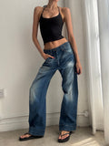 Vintage Y2K Low Rise Levi's Engineered Buckle Back Wide Leg Jeans – Distressed Blue Denim - Size S/M