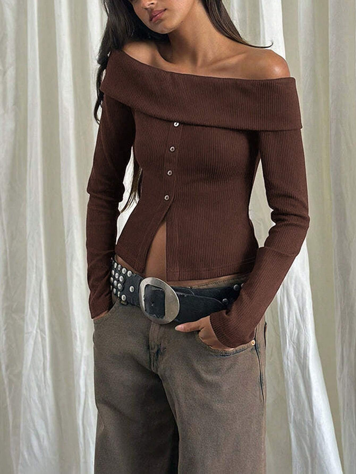 WOMEN CASUAL OPEN SHOULDER LONG SLEEVE SPLIT HEM BLOUSE