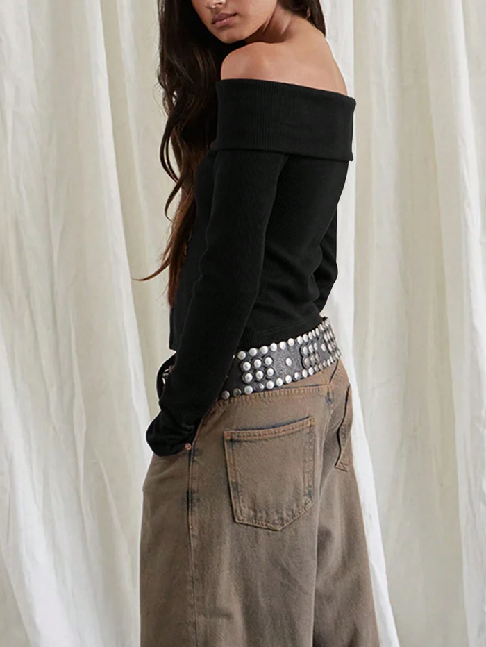 WOMEN CASUAL OPEN SHOULDER LONG SLEEVE SPLIT HEM BLOUSE