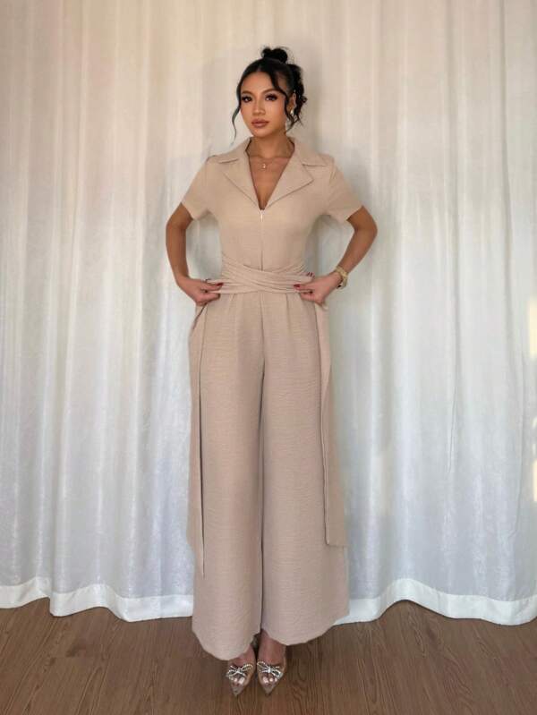 Women's Casual Jumpsuit With Drawstring Waist And Short Sleeves