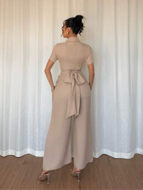 Women's Casual Jumpsuit With Drawstring Waist And Short Sleeves