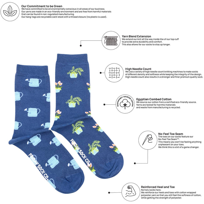 Women's Plant & Watering Can Socks: Women’s 5 – 10 - Pine & Moss
