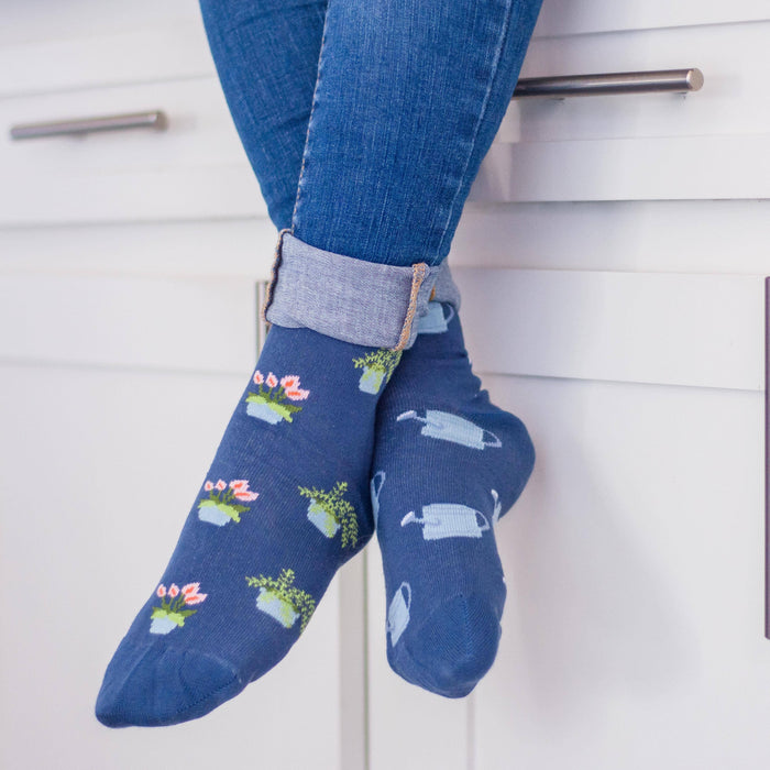 Women's Plant & Watering Can Socks: Women’s 5 – 10 - Pine & Moss