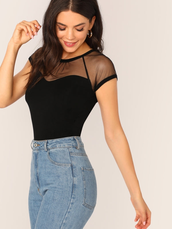 Women's t Net Yarn Patchwork Short Sleeve T-Shirt