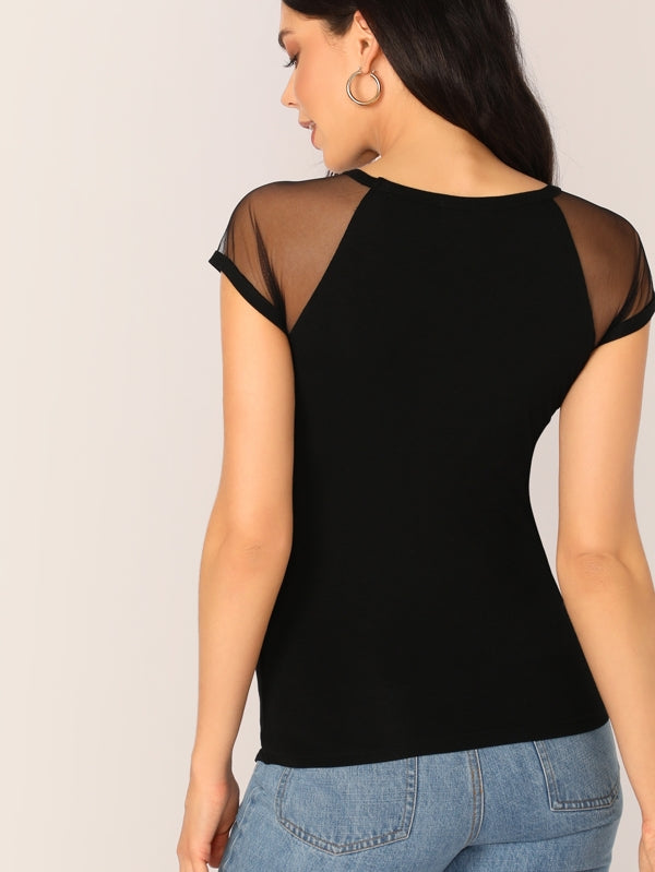 Women's t Net Yarn Patchwork Short Sleeve T-Shirt