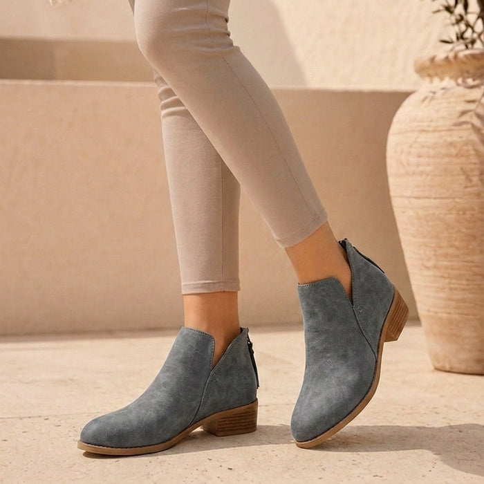 Women's V-Cut Side Zip Ankle Boots – Low Block Heel Comfort
