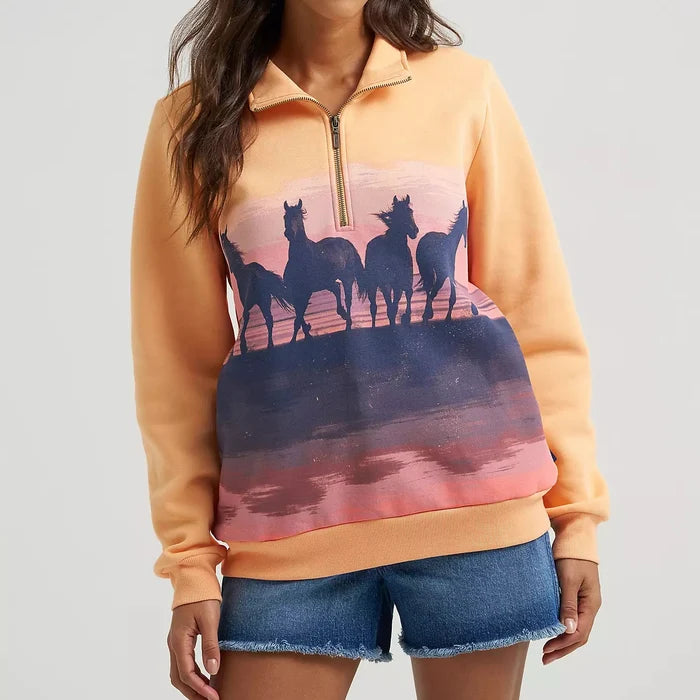 Wrangler Retro Women's Quarter Zip Sweatshirt in Orange Horses