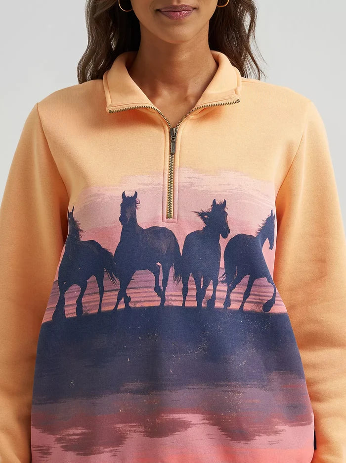 Wrangler Retro Women's Quarter Zip Sweatshirt in Orange Horses