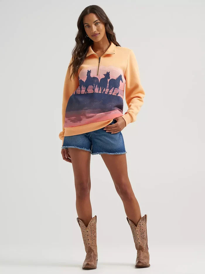 Wrangler Retro Women's Quarter Zip Sweatshirt in Orange Horses