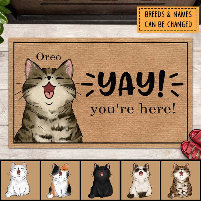 Yay, You're Here, Cat Welcome Mat Funny, Cat Rug, Cat Dad Gift, Housewarming Gift, Personalized Gift For Cat Lovers